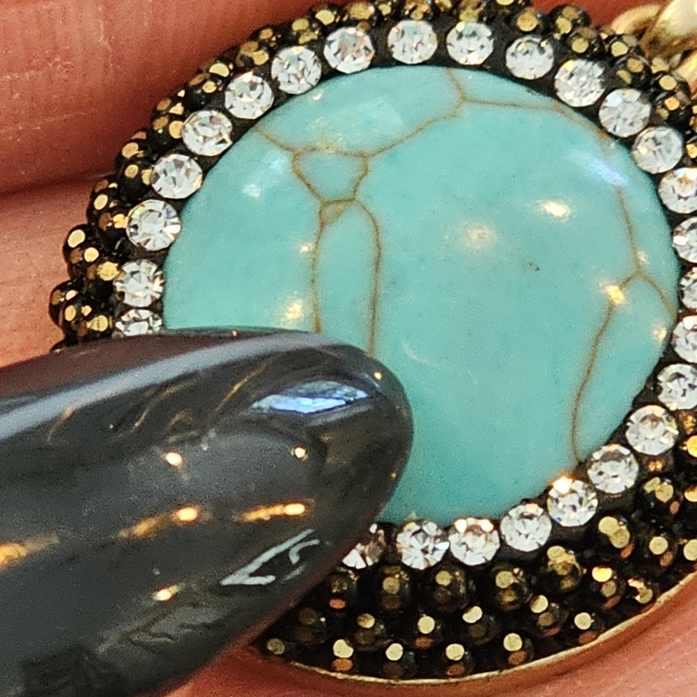 Faux Turquoise Cabochon/Rhinestone Pendant On a Matte Goldtone Necklace - Picture 6 of 6
